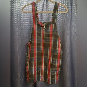 Forever 21 Plaid Square Neck Zip-Up Overall Dress Mini Skirt Black Red Blue